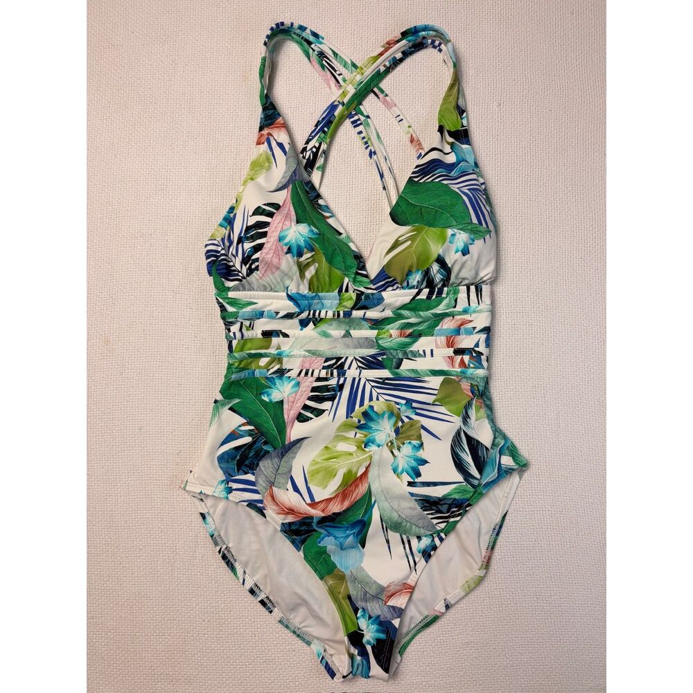 La Blanca Tropical Floral One Piece Swimsuit Strappy V Neck Cross Back - Picture 5 of 6